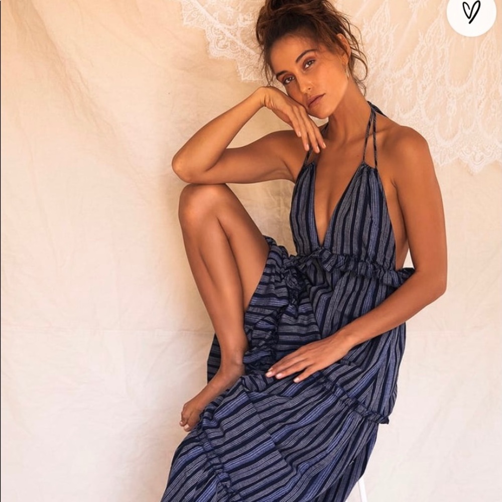 Vacay Babe Navy Blue Striped Halter Maxi Dress
